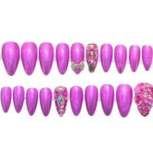 Handmade UV Gel Press On Nails Medium Length Almond Shape Pink Metallic …